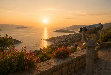 Viewpoint with binoculars above the Krk coast at sunset