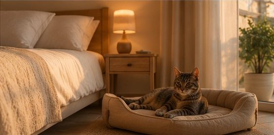 A pet bed of its own next to the bed in the apartment