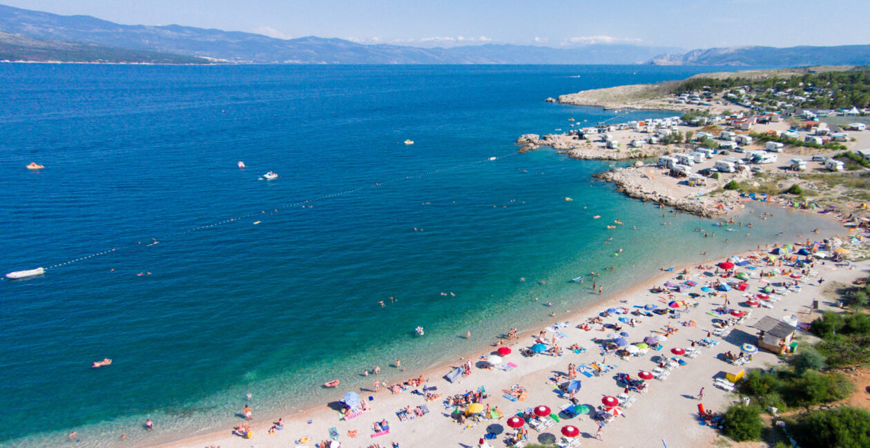 Beach by the Šilo campsite on the island of Krk from the air