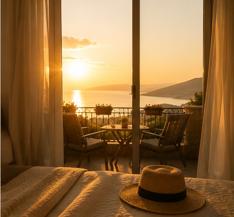 Pogled kroz vrata apartmana na terasu i more u zalasku