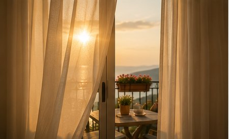 Lagane zavjese i terasa apartmana u večernjem svjetlu