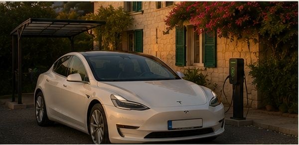 Punjenje električnog automobila na natkrivenom parkiralištu Apartmana Carmen