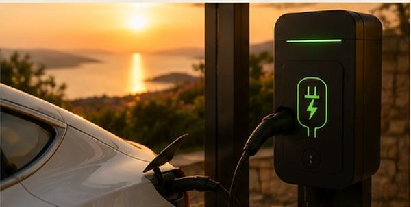 Punjenje električnog automobila na natkrivenom parkiralištu Apartmana Carmen