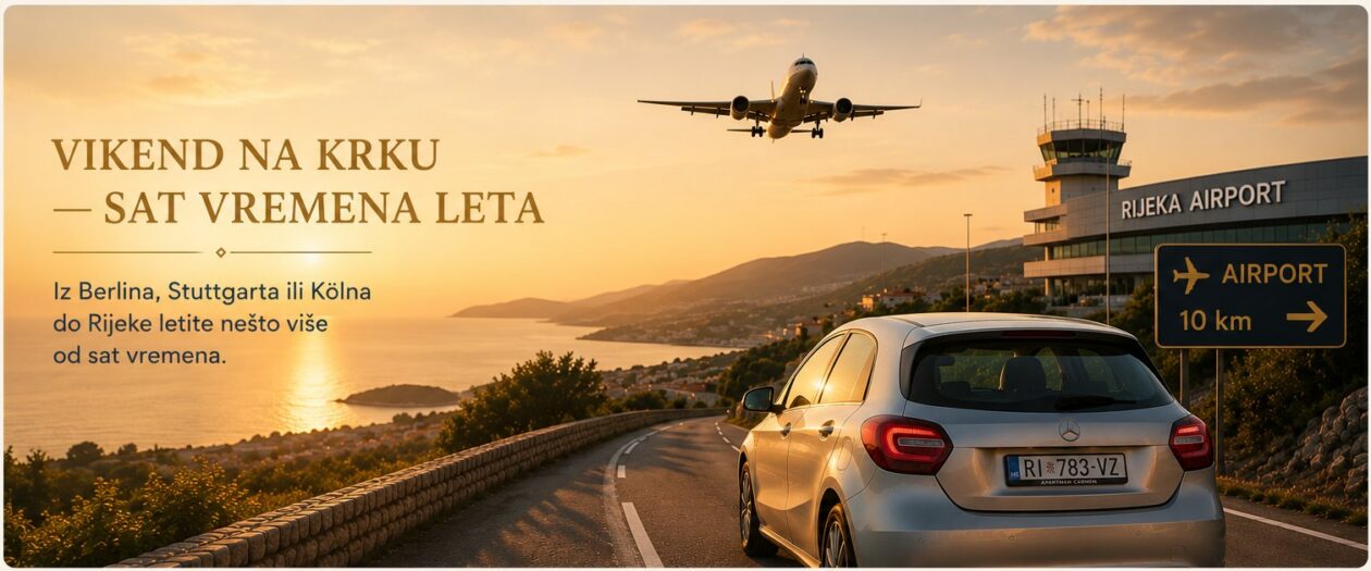 Dolazak na otok Krk zrakoplovom i cestom uz more u zalasku sunca