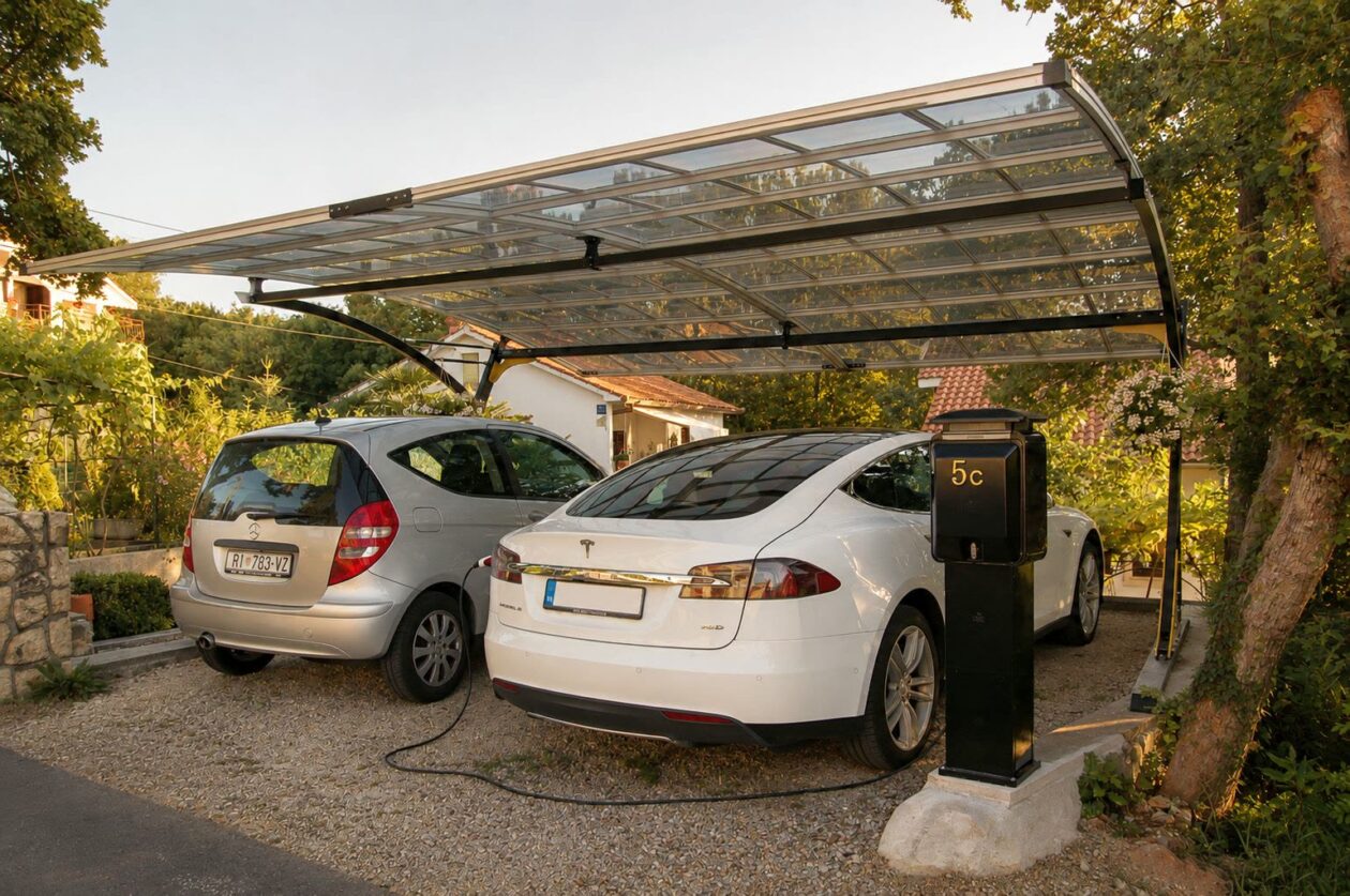 Natkriveno parkirno mjesto s punjenjem za električni auto