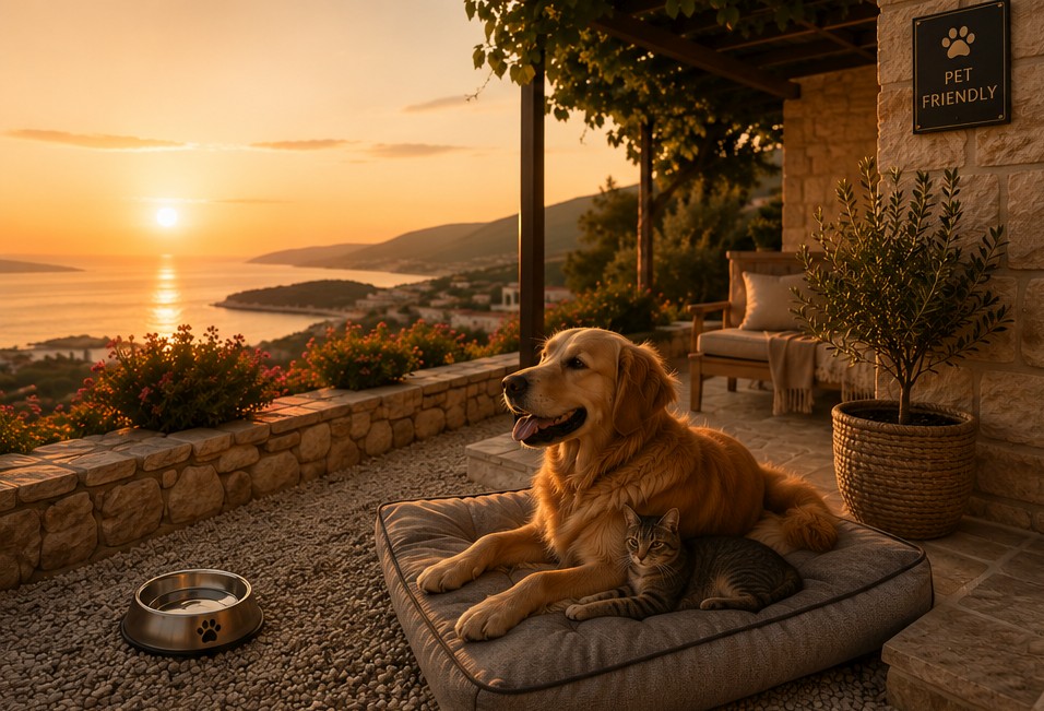 Pas i mačka na pet friendly terasi apartmana Carmen u zalazak sunca
