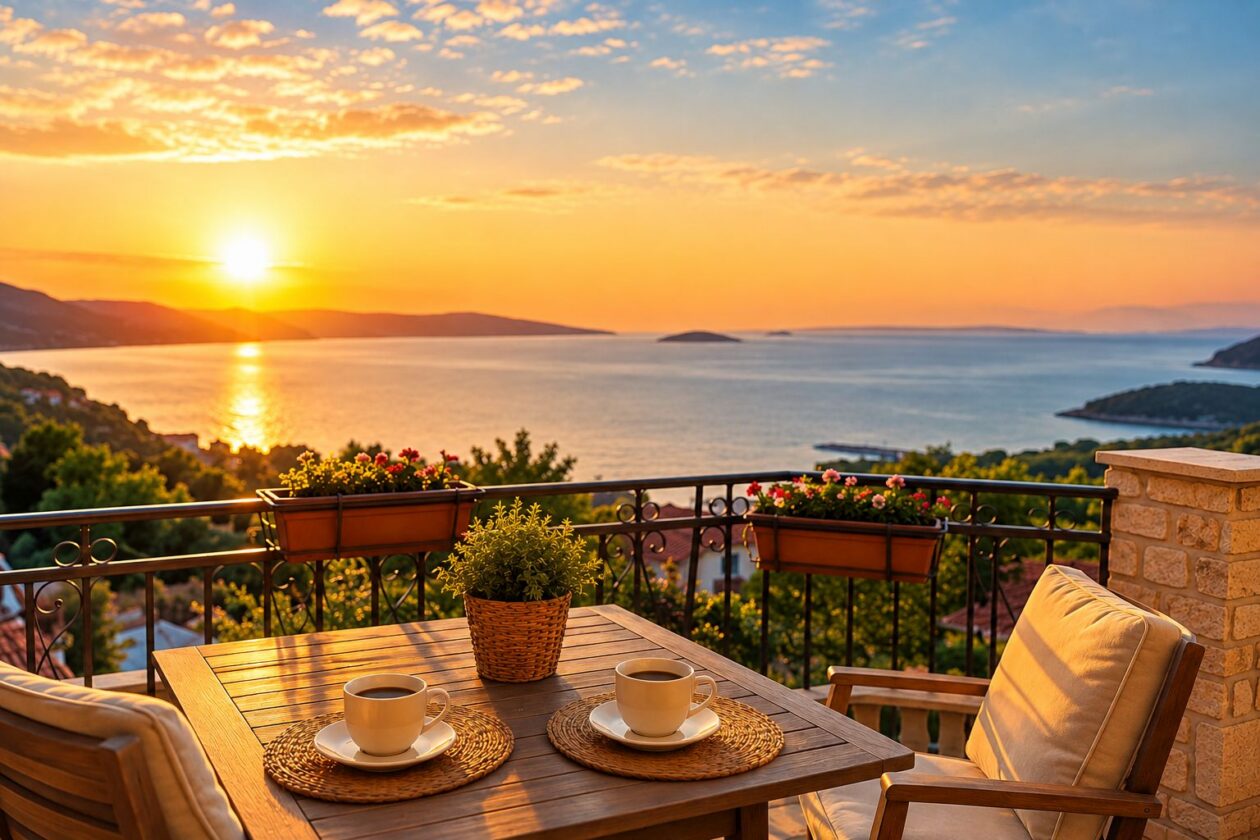 Early season on Krk with a sun guarantee – coffee for two on the terrace at sunset
